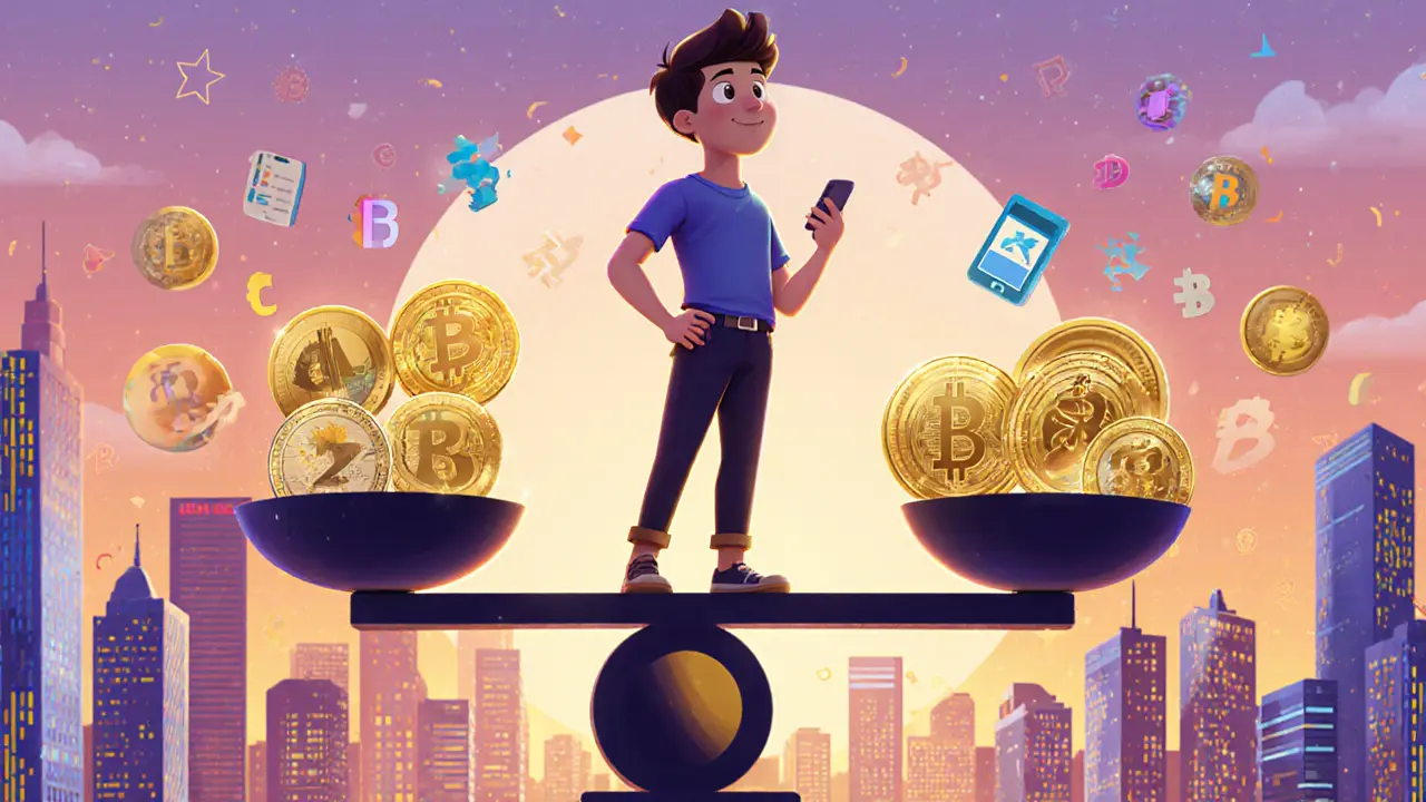 Trader on a scale weighing UBIEX pros and cons with glowing icons against city backdrop.