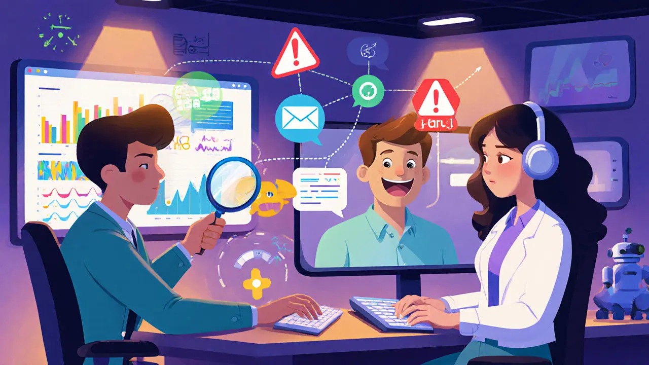 Animated compliance team with AI robot monitors analytics screens and IVMS101 messages.