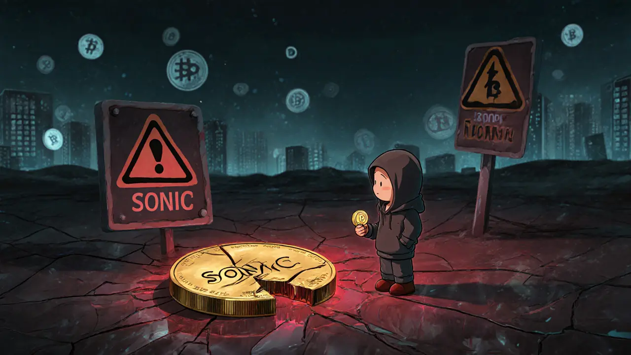 Broken SONIC coin on cracked glass with sad cartoon figure holding BNB.