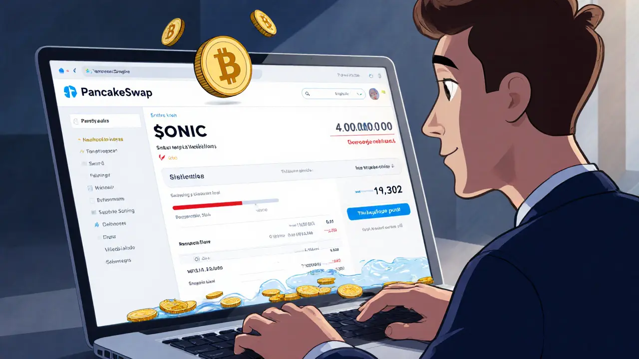 Cartoon investor viewing PancakeSwap screen showing tiny SONIC price and high slippage warning.