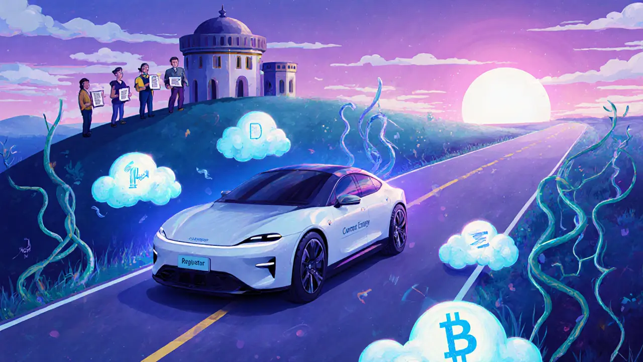 Futuristic compliance vehicle drives past AI clouds, NFT symbols, and DeFi vines under sunrise.