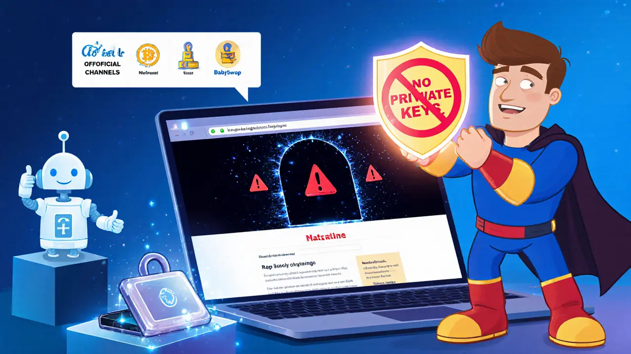Hero blocking phishing site, holding security shield beside hardware wallet.