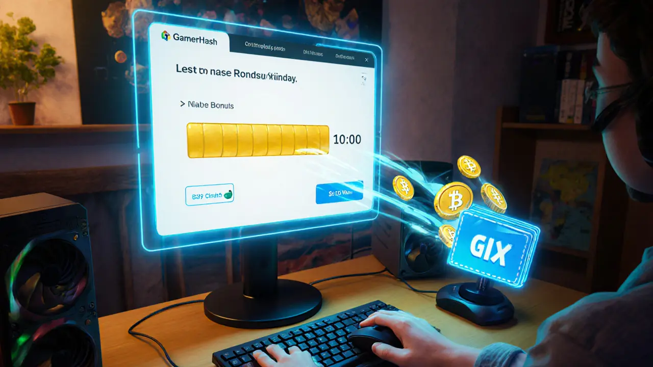 Holographic app screen showing bonus timer and coins flowing into wallet.