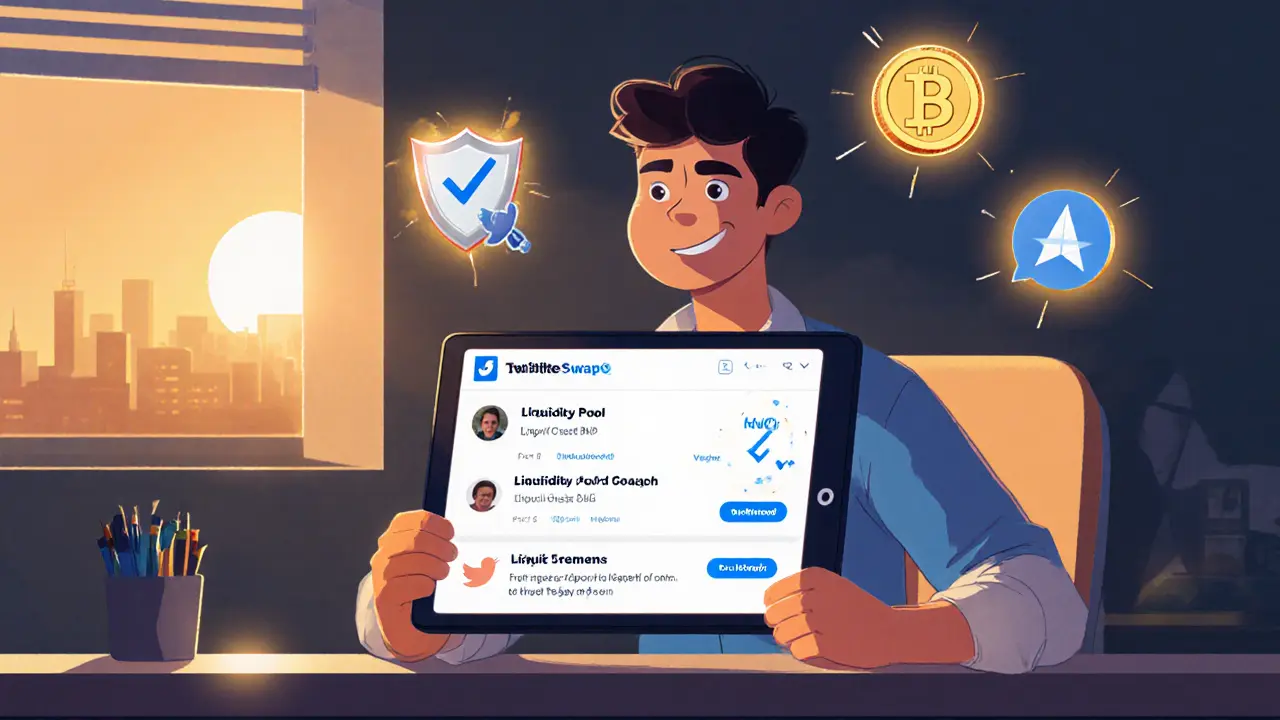 Person checking BabySwap official feeds with KYC and BNB icons.