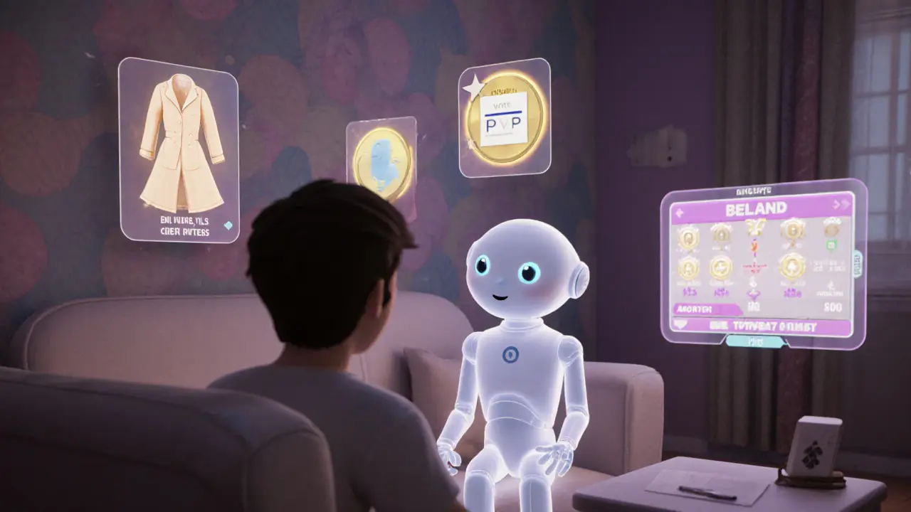 Pixar‑style cozy room where a player chats with an AI companion, surrounded by token‑powered items and a PvP arena.