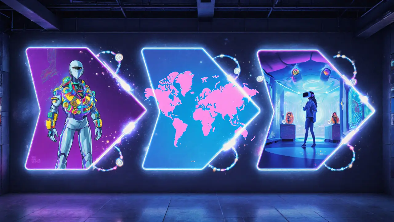 Pixar‑style futuristic mural showing NFT skins, Asian market expansion, and VR integration milestones.
