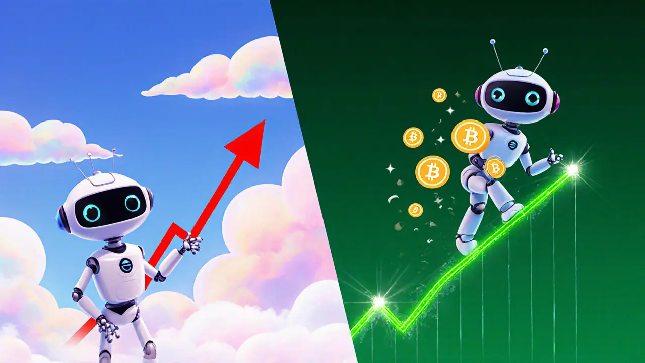 Split scene showing a static stop‑loss line and a dynamic trailing‑stop line with robot guides.