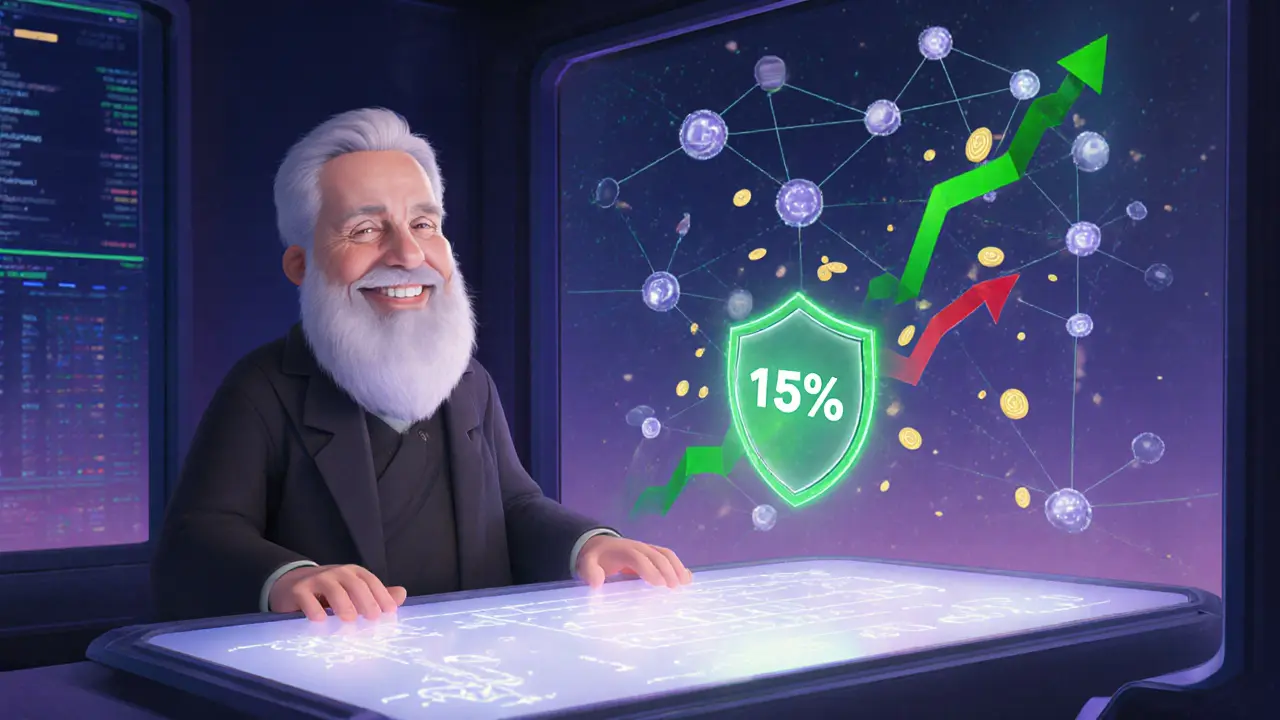 Trader using a stop‑loss that transforms into a trailing‑stop amid a futuristic DeFi network.