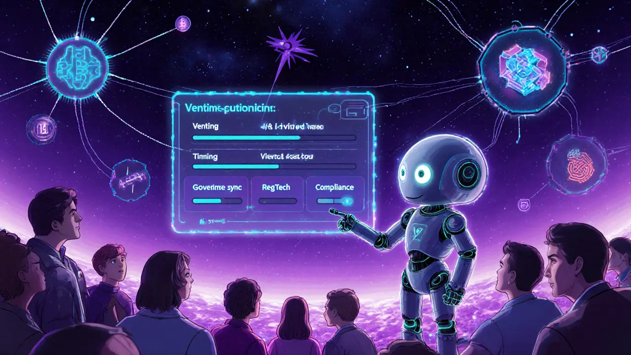 AI robot guiding founders through a holographic interface showing dynamic, cross‑chain vesting.