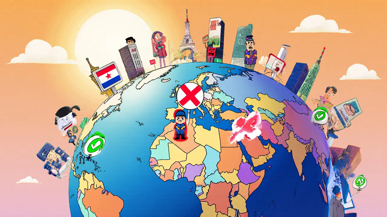 Cartoon world map with bans marked in red and US allowed in green.