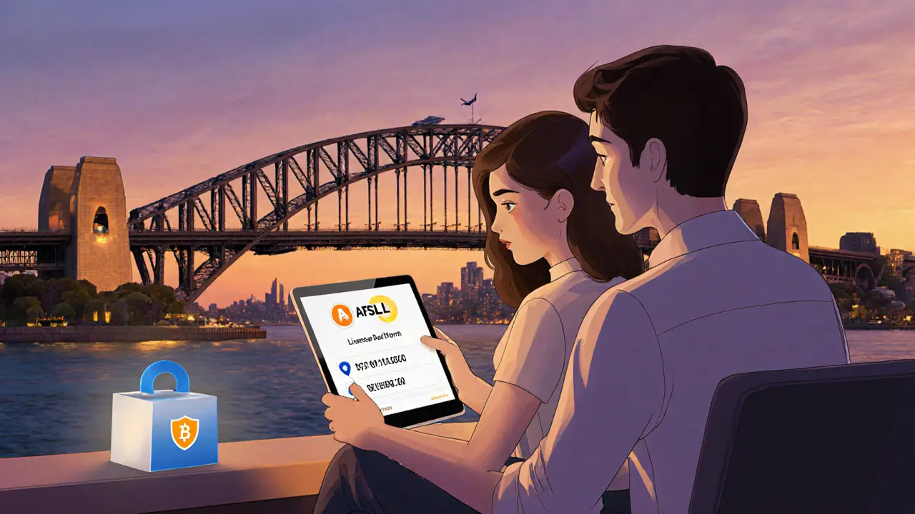 Family reviews a crypto app on a tablet on a balcony, with shield and compensation fund symbols at sunset.