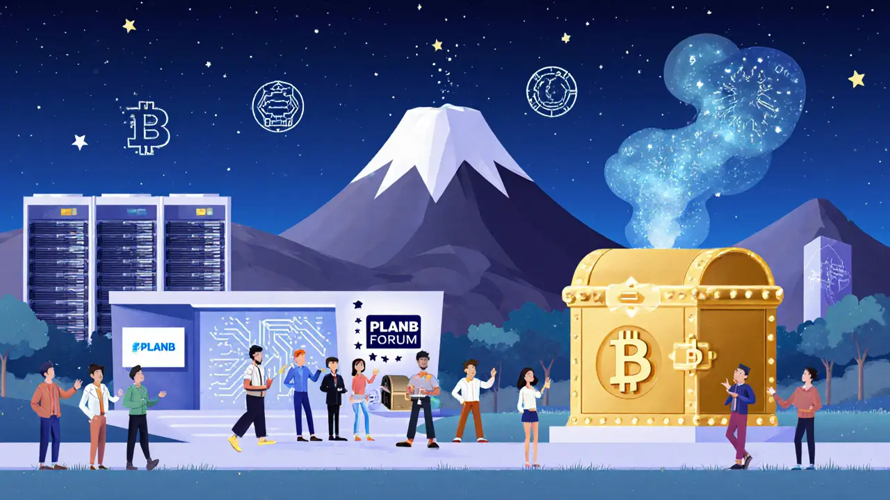 Futuristic crypto hub with mining farms, a glowing Bitcoin vault, and a tech conference.