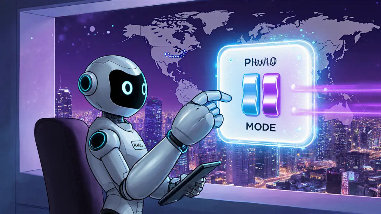 Futuristic office scene with a robot officer toggling privacy mode on a crypto transaction.