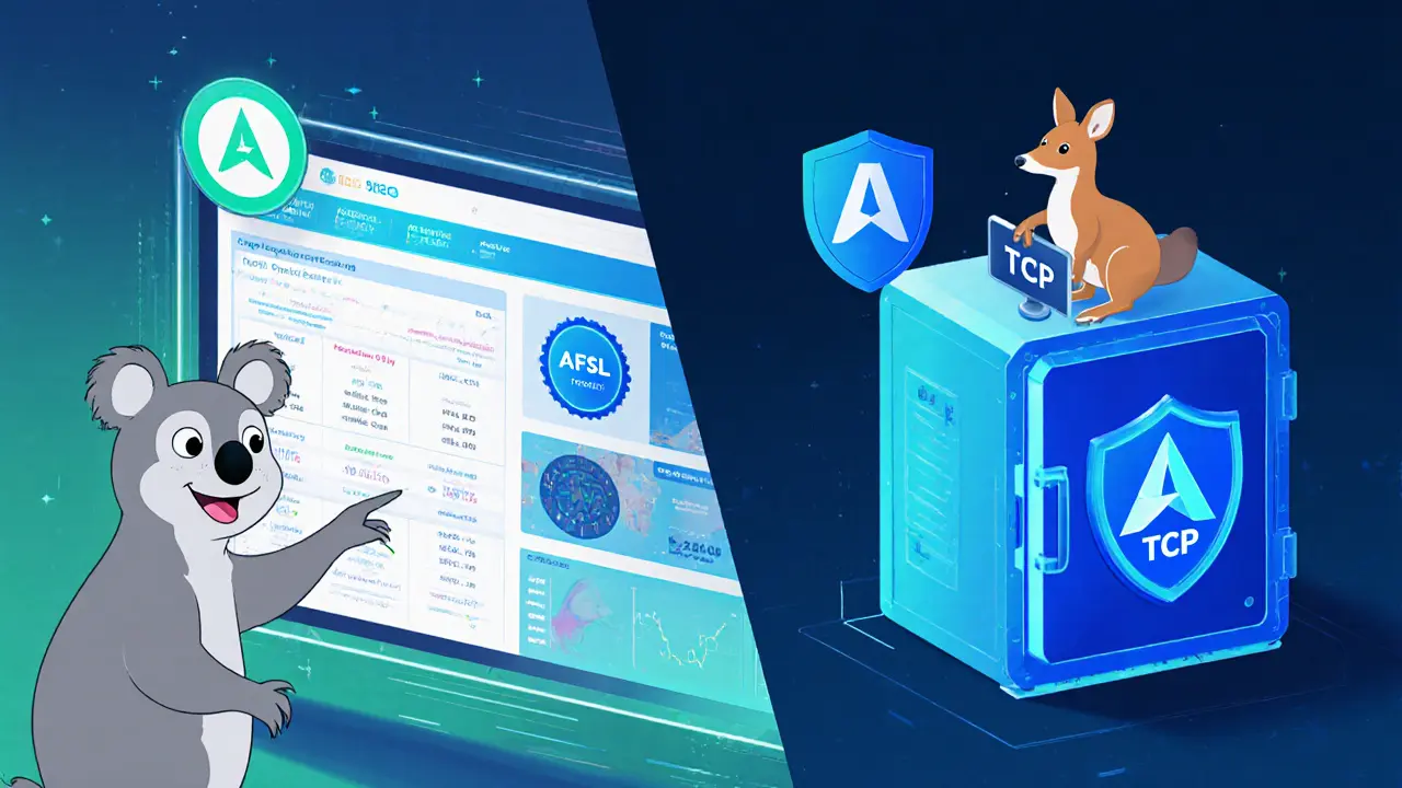 Koala and platypus illustrate licensed exchange and custody platforms with AFSL badge and regulator icons.