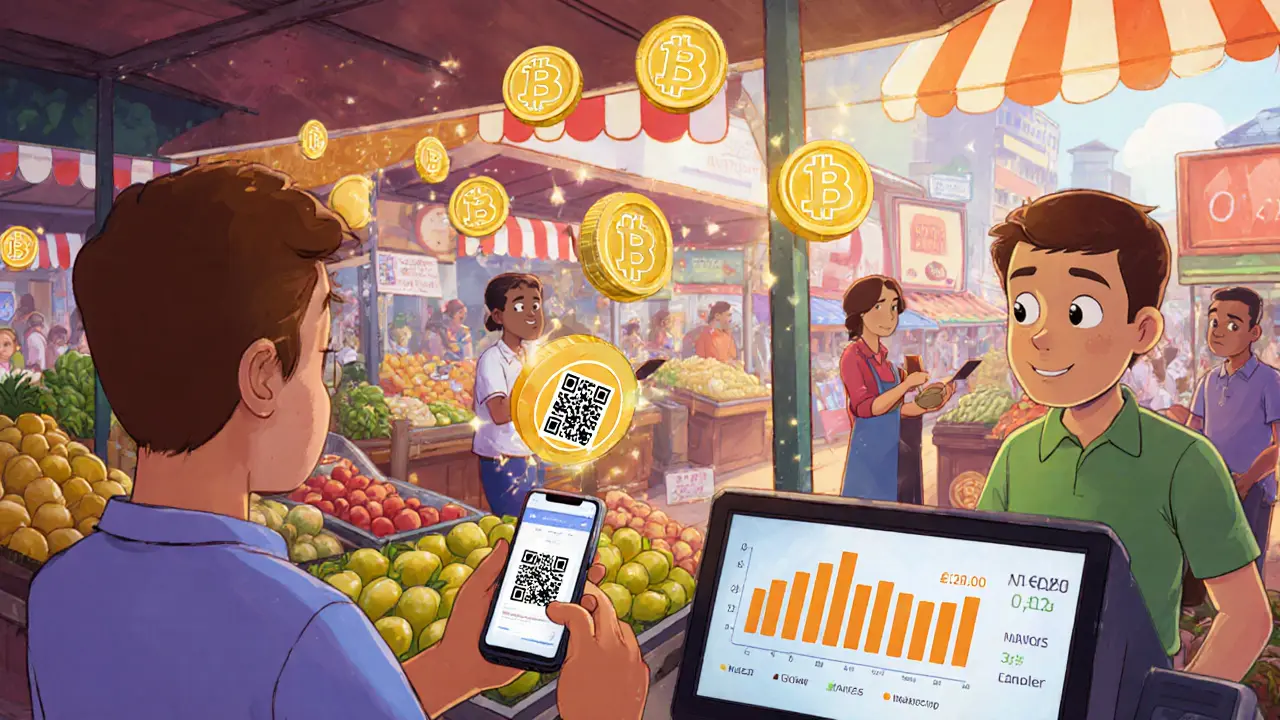 Market vendors scanning QR codes with the Chivo Wallet, Bitcoin icons floating above.