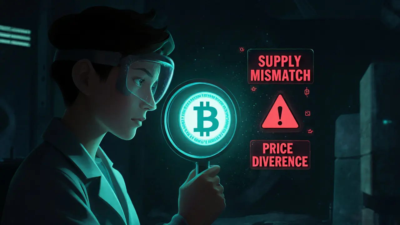Researcher examines a glowing THB token with warning icons in a dark lab.