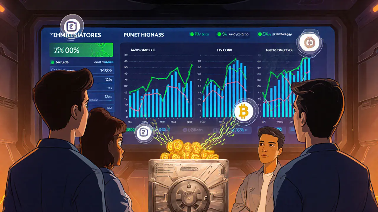 Team watching a KPI dashboard as token streams flow into a vault after milestones are hit.