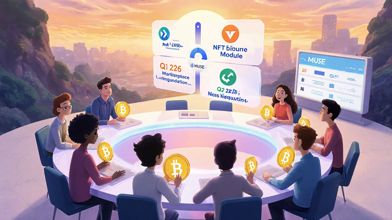 Animated characters at a holographic table voting with MUSE tokens, showing a roadmap.