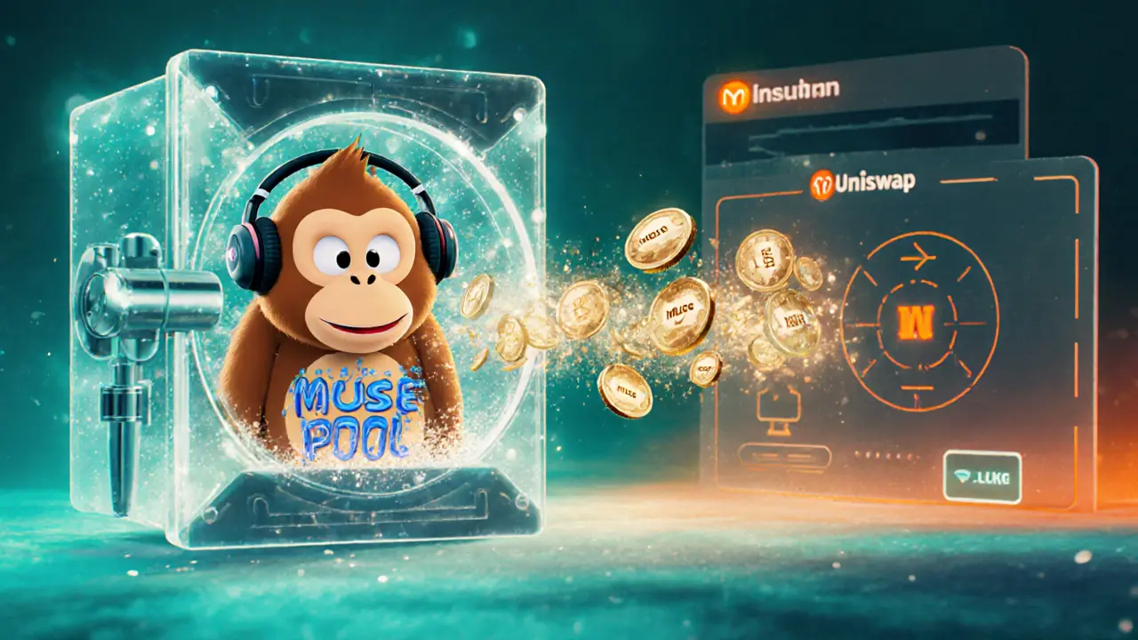 Bored Ape NFT placed in a vault, turning into glowing MUSE pool tokens swapping on Uniswap.