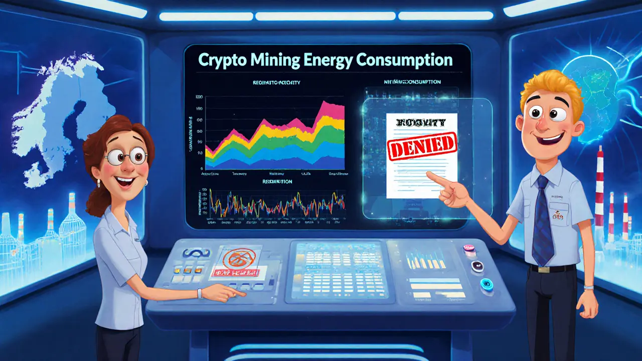 Cartoon control room with dashboard tracking crypto mining energy use and a denied permit stamp.