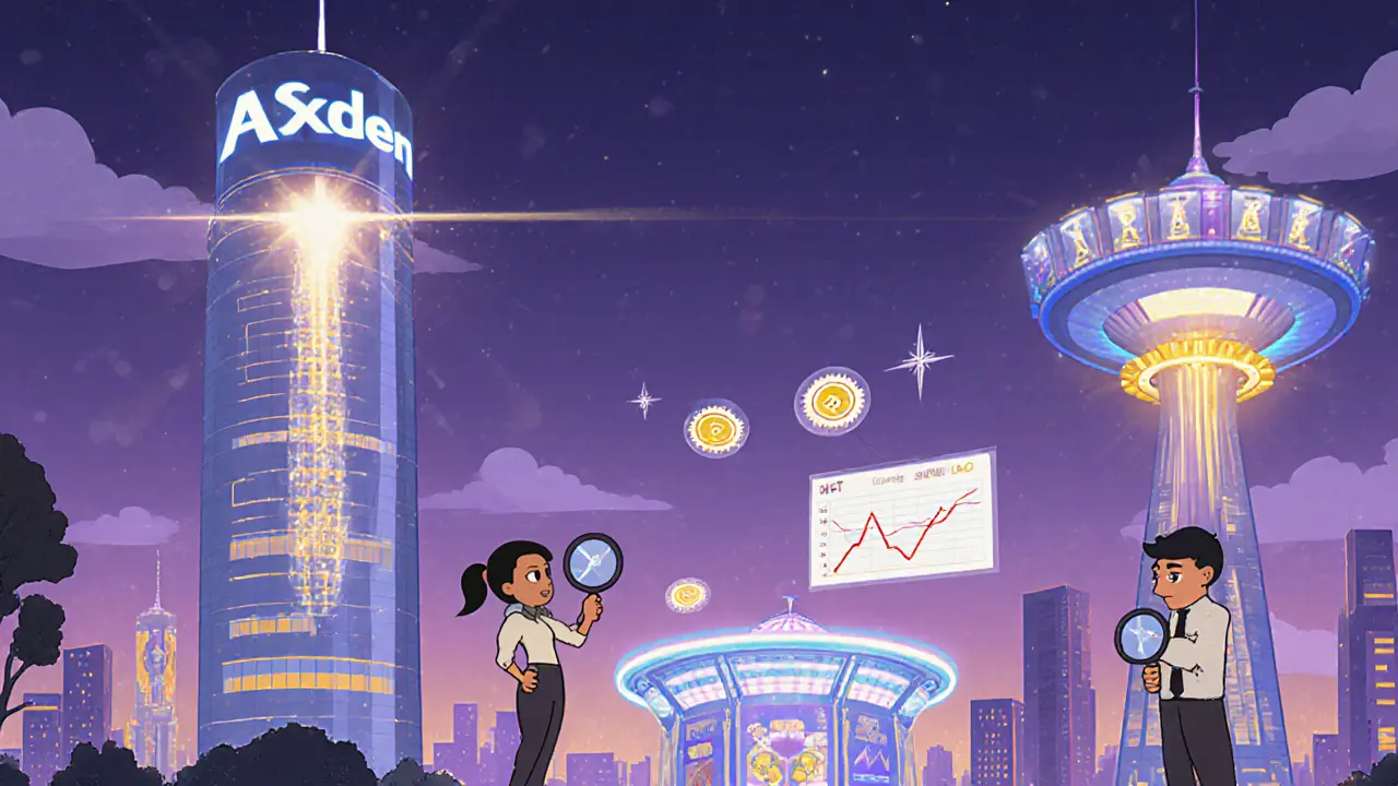 Futuristic city skyline showing Astar XVM 2.0 tower, Coretime hub, and NFT pavilion.