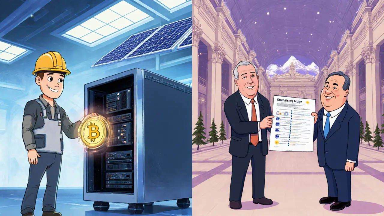 Pixar illustration of miners and politicians debating Norway’s temporary crypto mining ban.