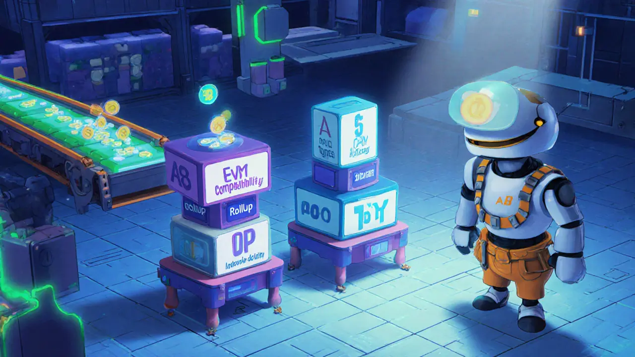 Animated robot assembling modular OP Stack blocks with glowing A8 tokens in a factory.