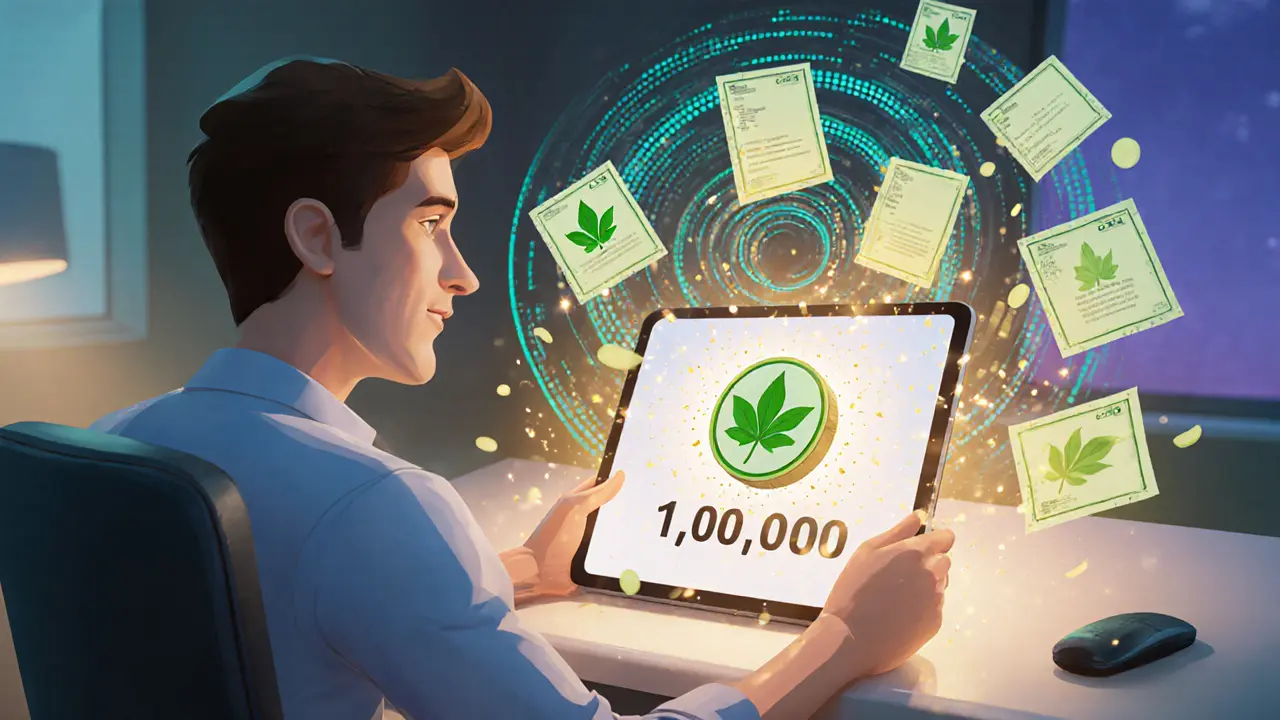 Cartoon developer creates a DRC‑20 carbon credit token on a tablet, leaves appear.