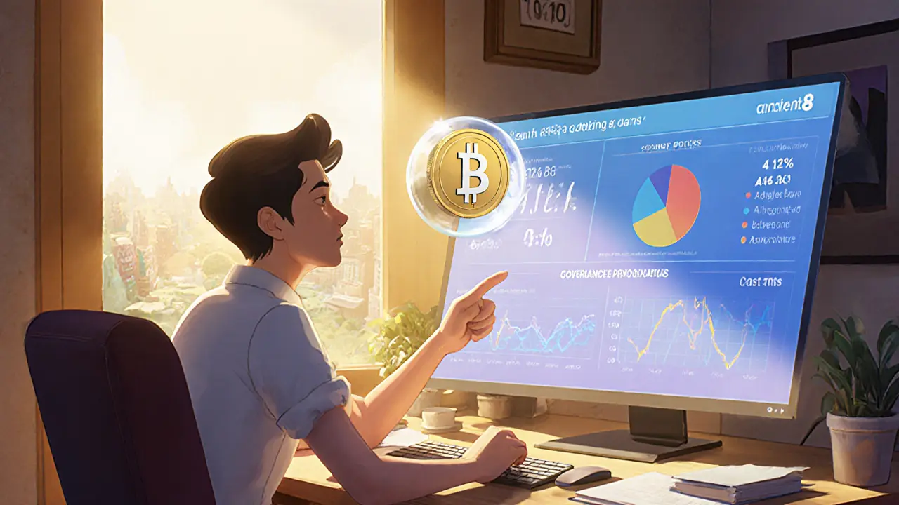 Cartoon gamer reviewing Ancient8 staking and governance dashboard with a floating token.