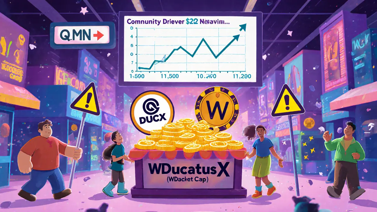 Cartoon marketplace where characters trade DUCX and Wrapped DUCX tokens.