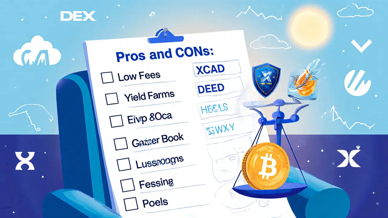 Cartoon trader reviewing a glowing checklist of XCAD DEX pros and cons with a sunrise backdrop.