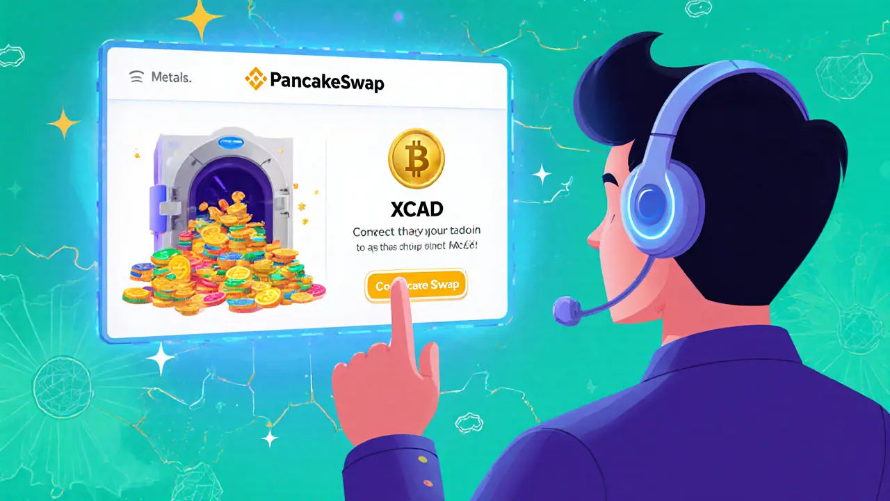 Cartoon trader using a floating PancakeSwap screen to swap BNB for XCAD with animated tokens.