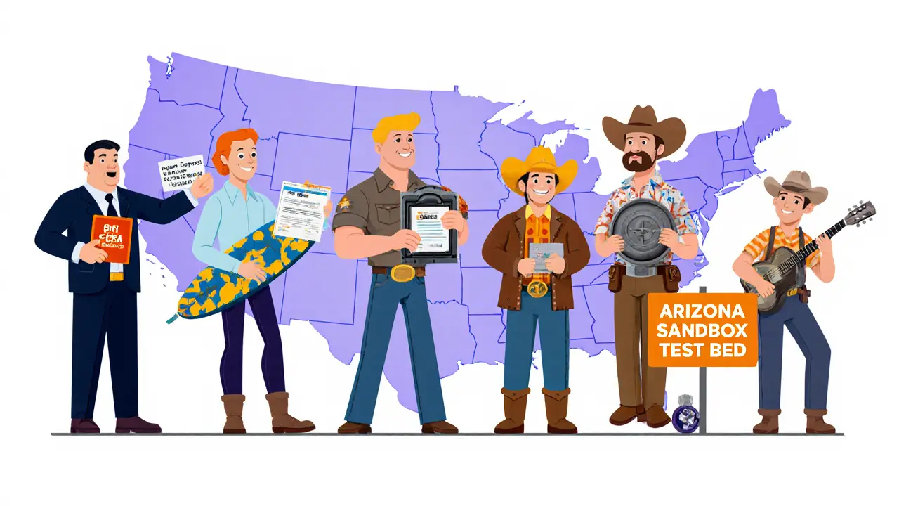 Characters representing New York, California, Wyoming, Texas, Louisiana, and Arizona crypto regimes.