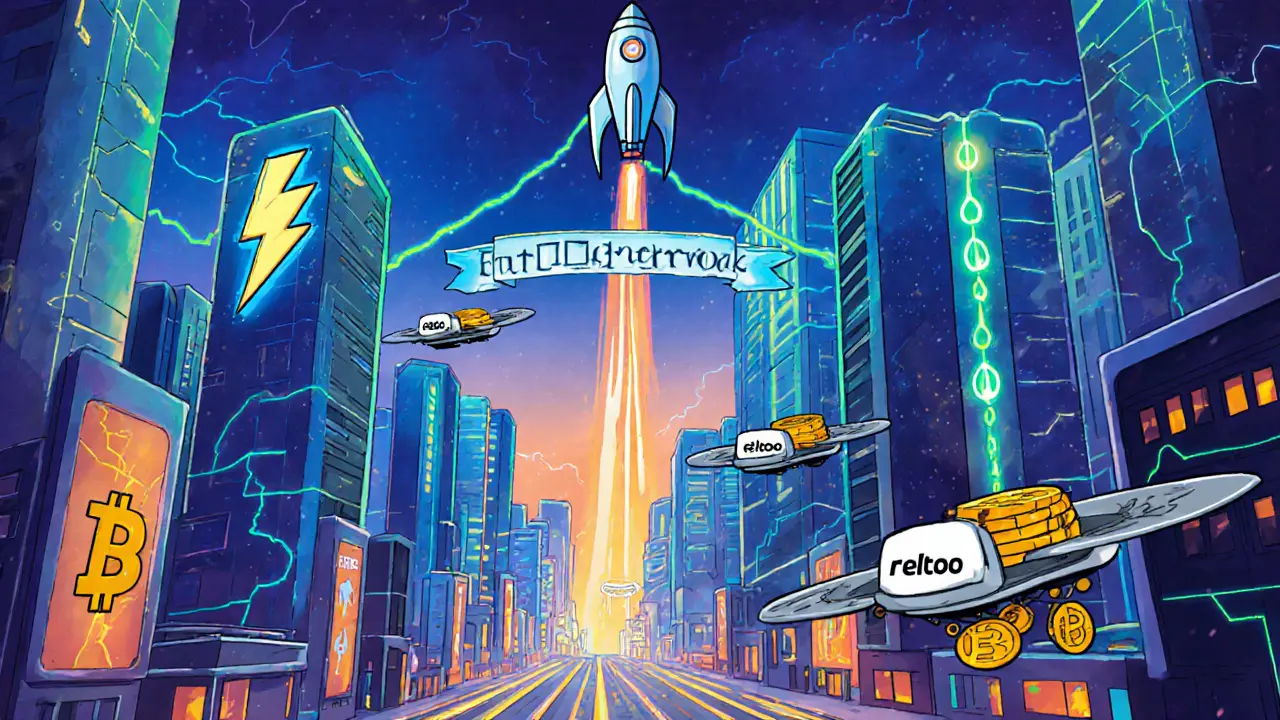City of Lightning and Raiden nodes with drones moving liquidity and an eltoo rocket overhead.