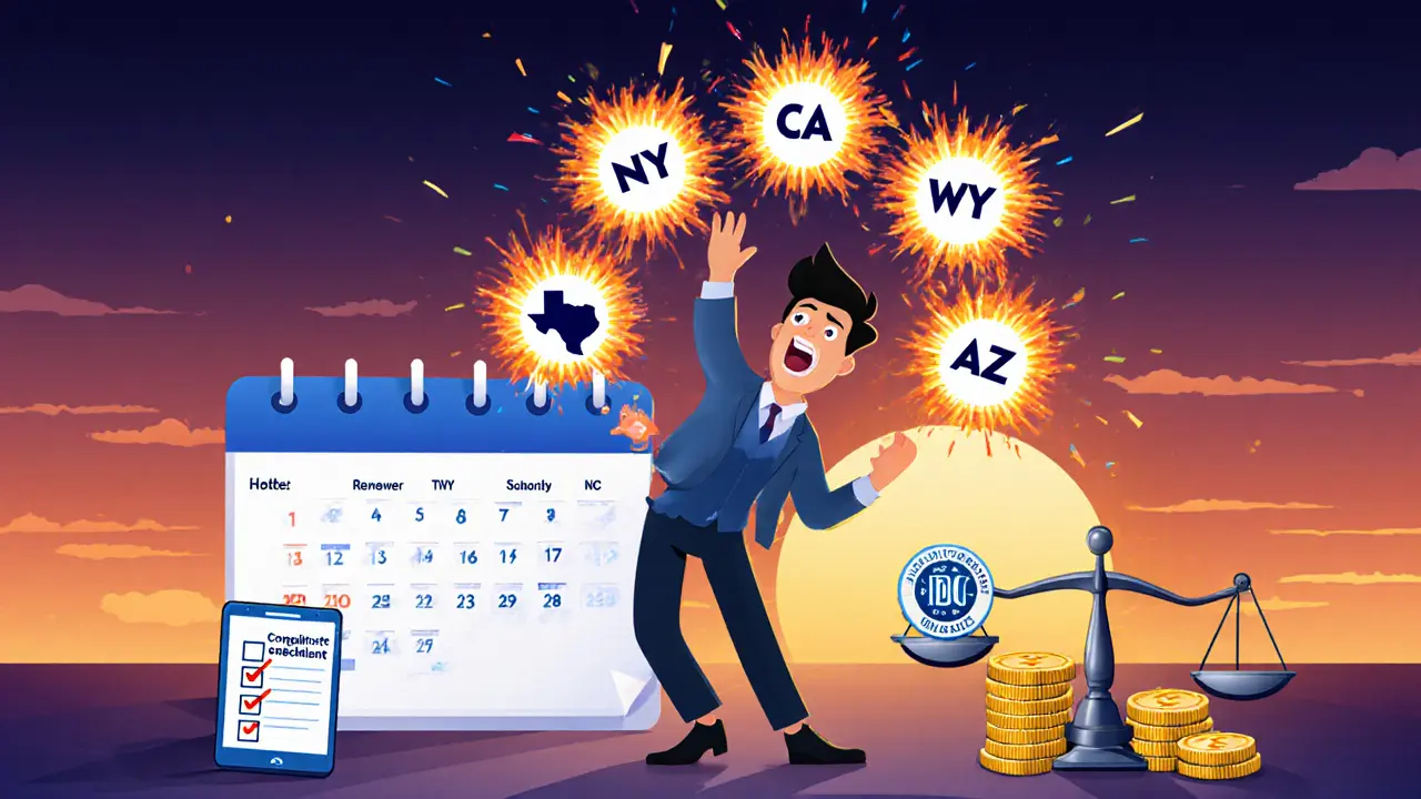 Entrepreneur juggling state symbols while checking a compliance calendar.