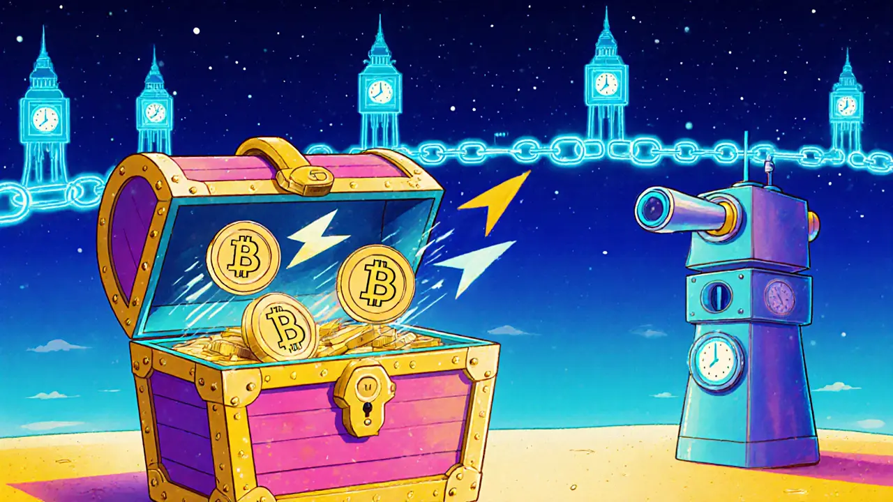 Opening and closing a payment channel with locked treasure chests, HTLC chain, and watchtower robot.