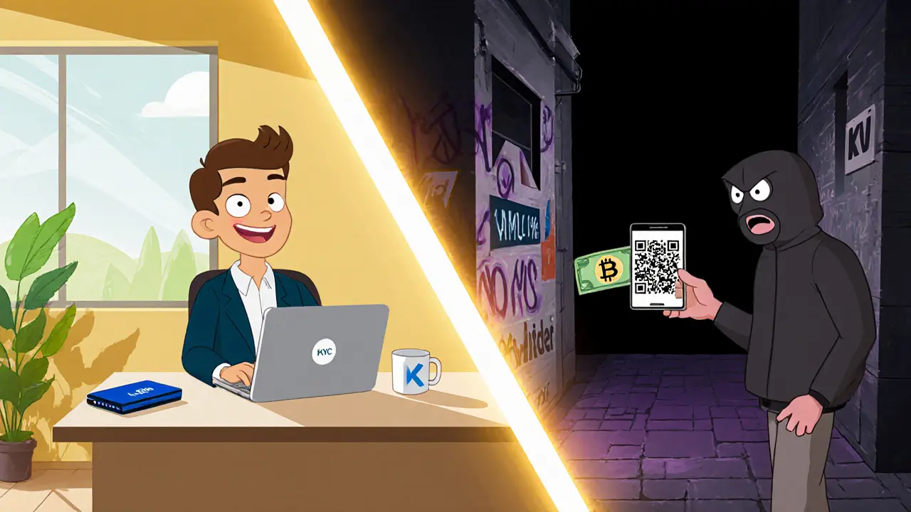 Pixar‑style contrast of safe exchange office versus shady alley crypto deal.