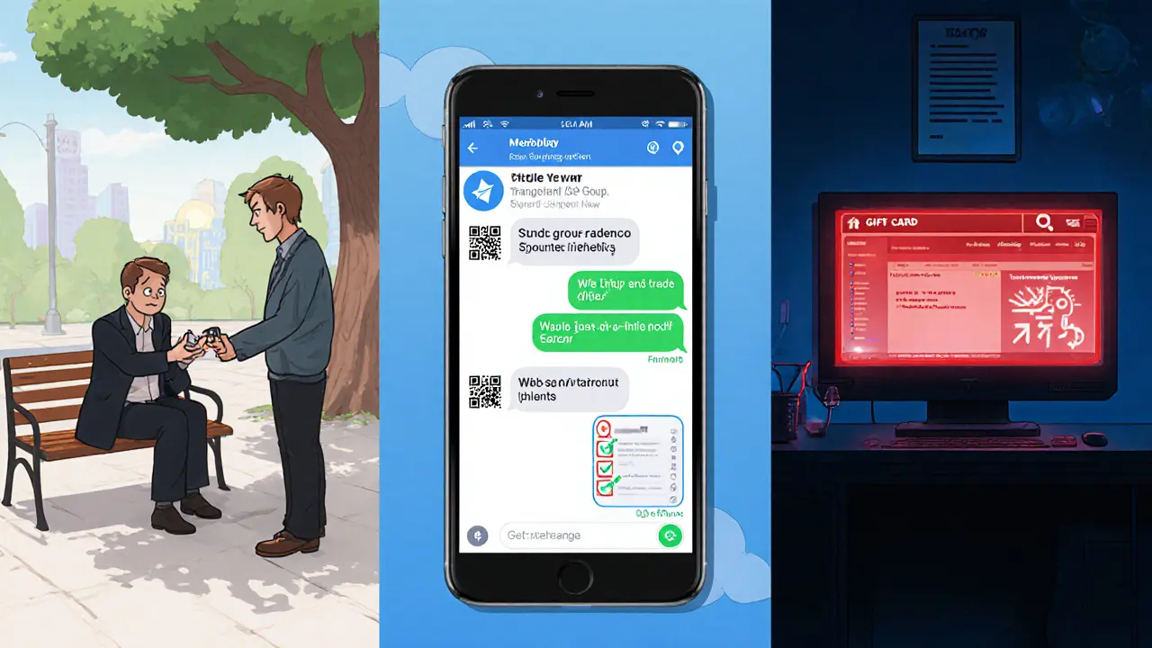 Pixar‑style split illustration of cash broker, Telegram chat, and darknet forum.