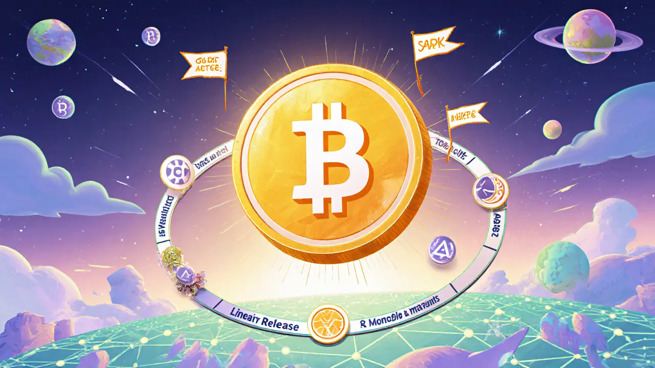 Animated SPIN token coin with vesting timeline and guild banners in a playful scene.