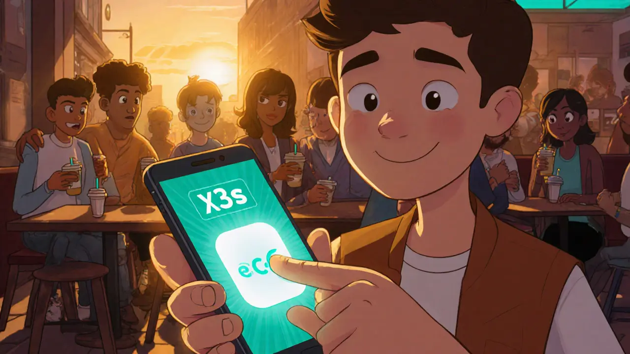 Cartoon character paying for coffee instantly with eCash on a phone.