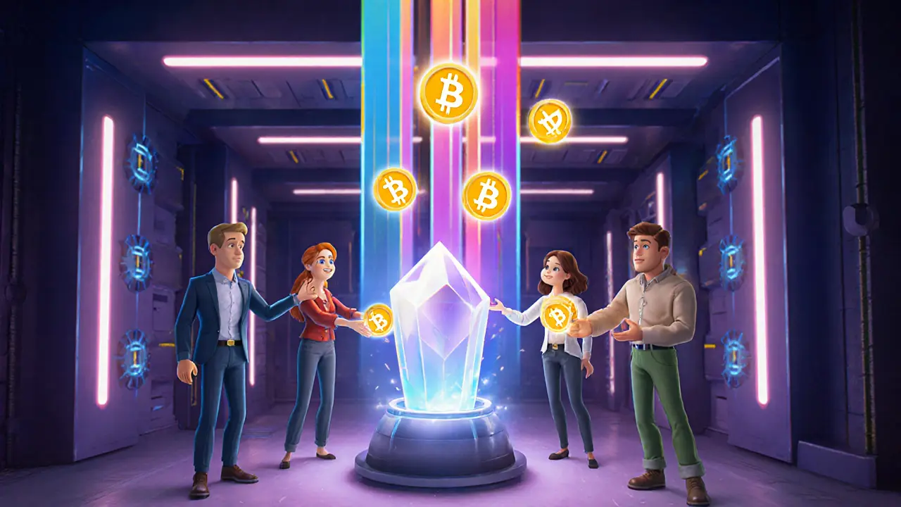 Cartoon characters deliver glowing WNT tokens into a central crystal inside a futuristic vault.