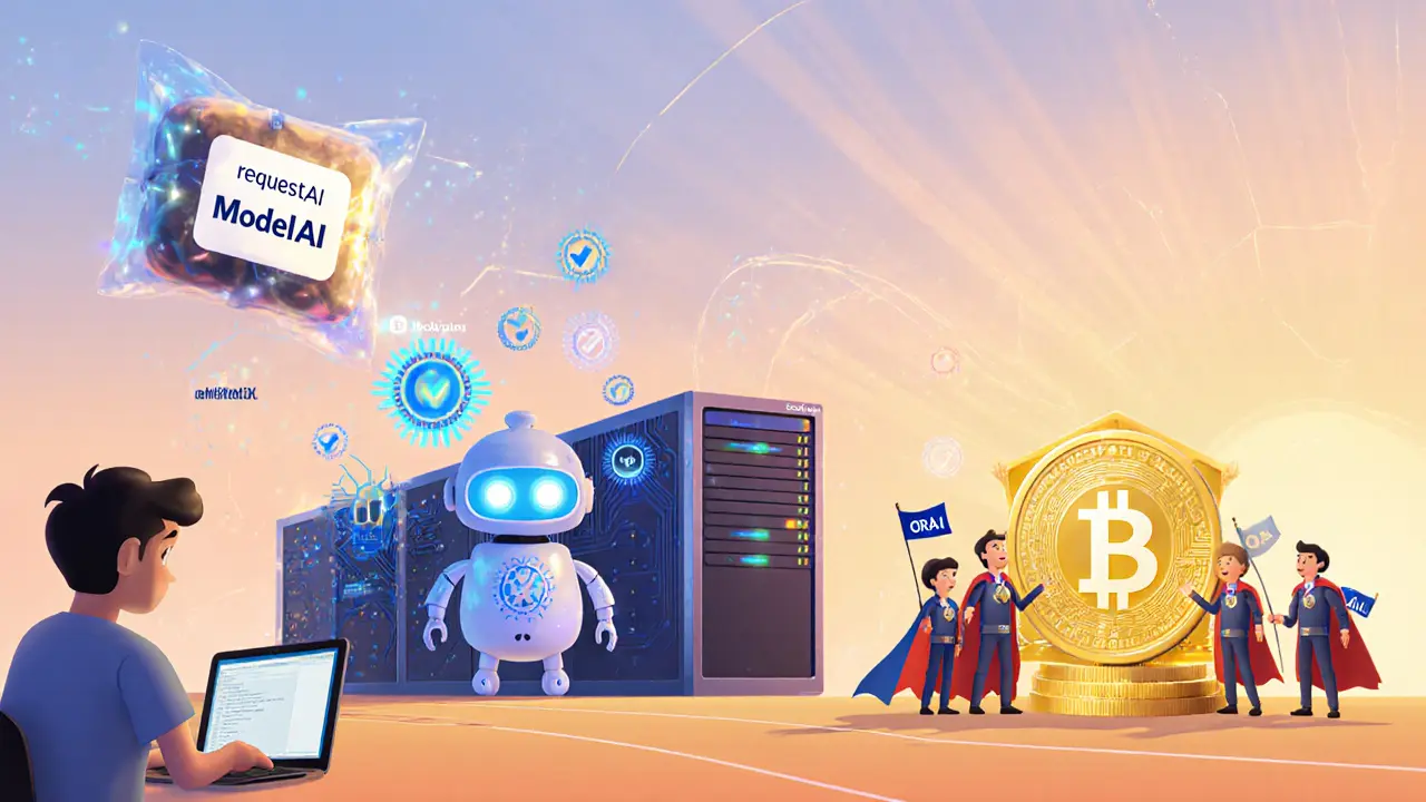 Cartoon developer sends a request, AI servers process it, validators stamp the result onto a blockchain.
