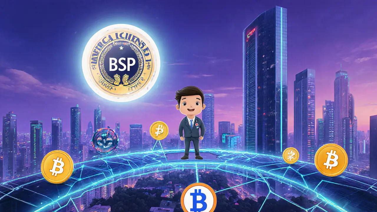 Futuristic Manila skyline showing BSP‑licensed Coins.ph building and fiat‑to‑crypto bridge.