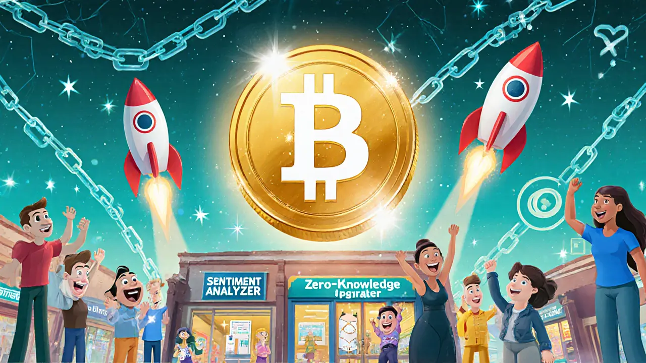 Glowing ORAI token above a lively AI marketplace with rockets launching toward a starry future.