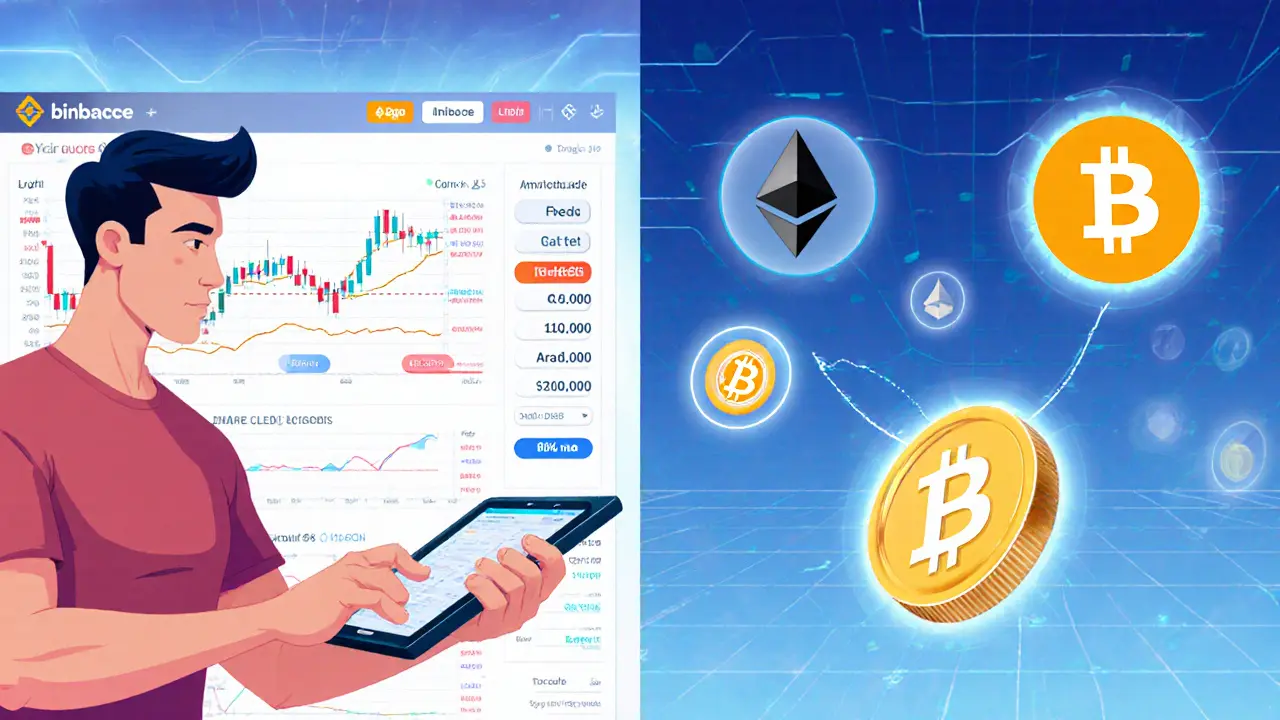 Pixar‑style trader comparing Coins Pro charts and fees with Binance and Coinbase logos.