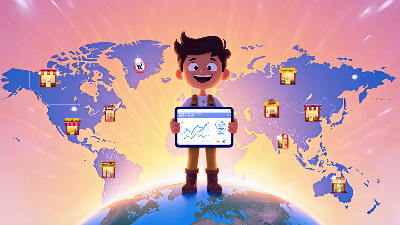 Pixar-style world map showing small shops accepting eCash and a rising chart.