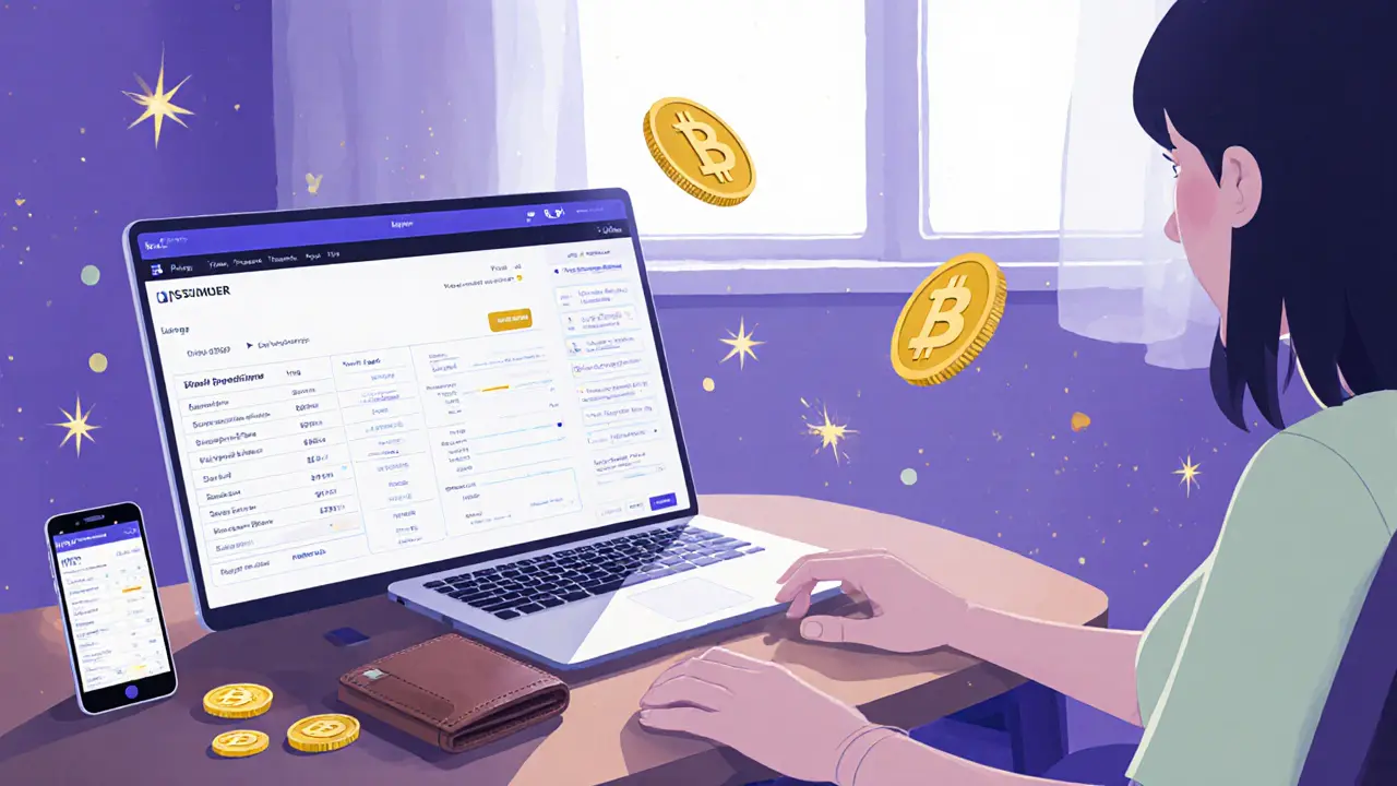 User trades WNT at a desk with wallet app, hardware wallet, and floating MATIC coins in Pixar style.