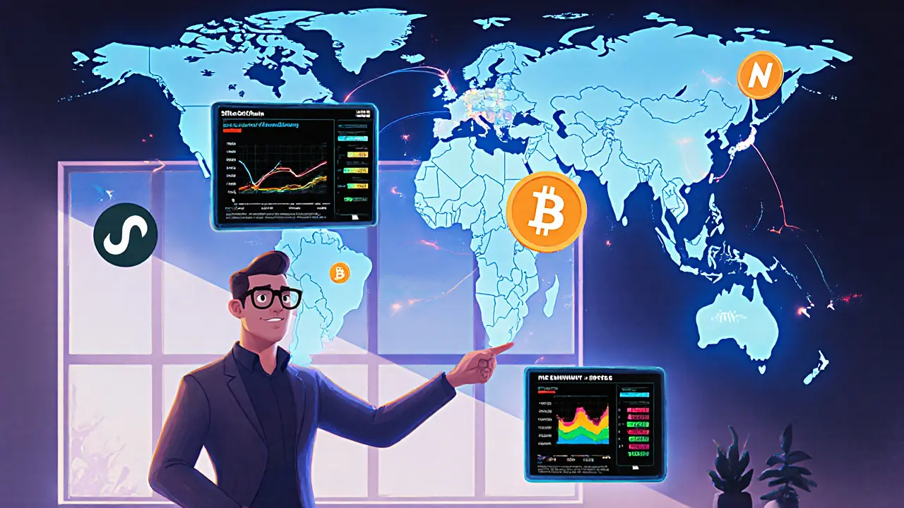 A cartoon analyst points at holographic screens showing crypto analytics tools and blockchain maps.