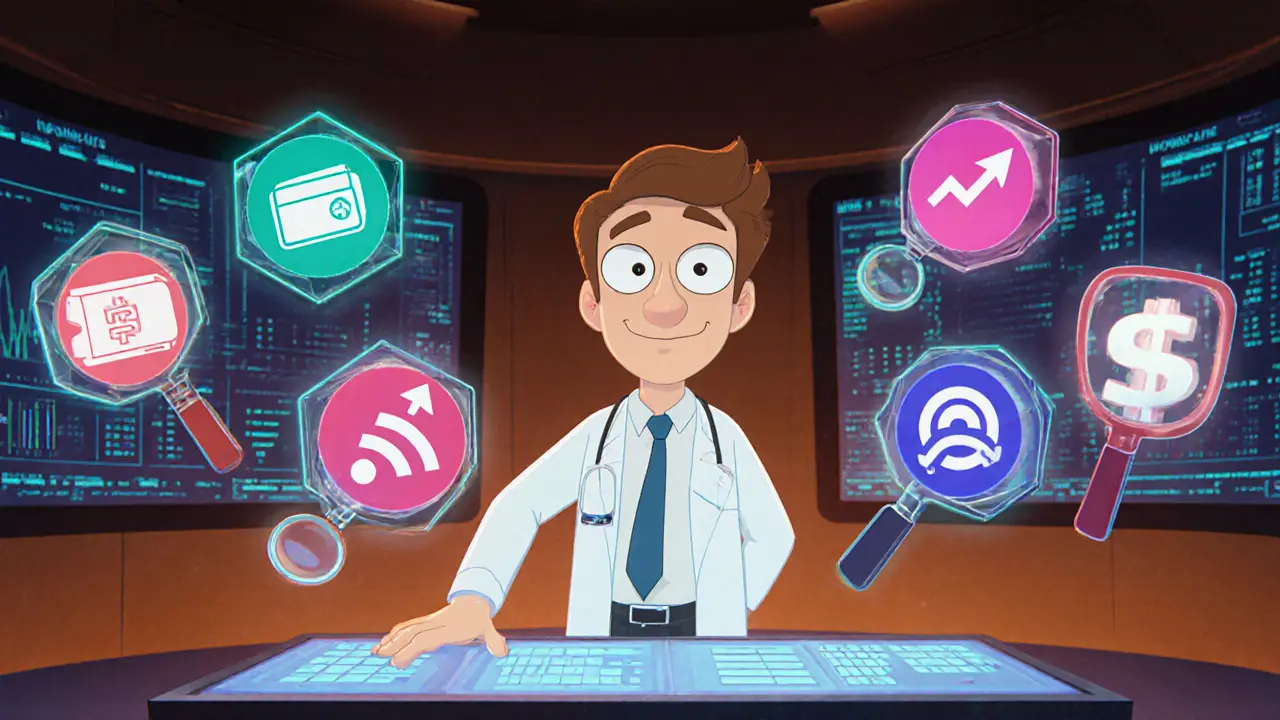 Animated analyst in a control room surrounded by holographic wallet icons and platform mascots.