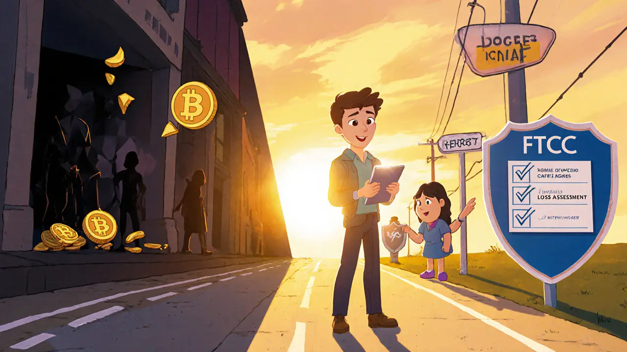 Animated investor at a crossroads choosing safety with FTC guide over a dark scam alley.